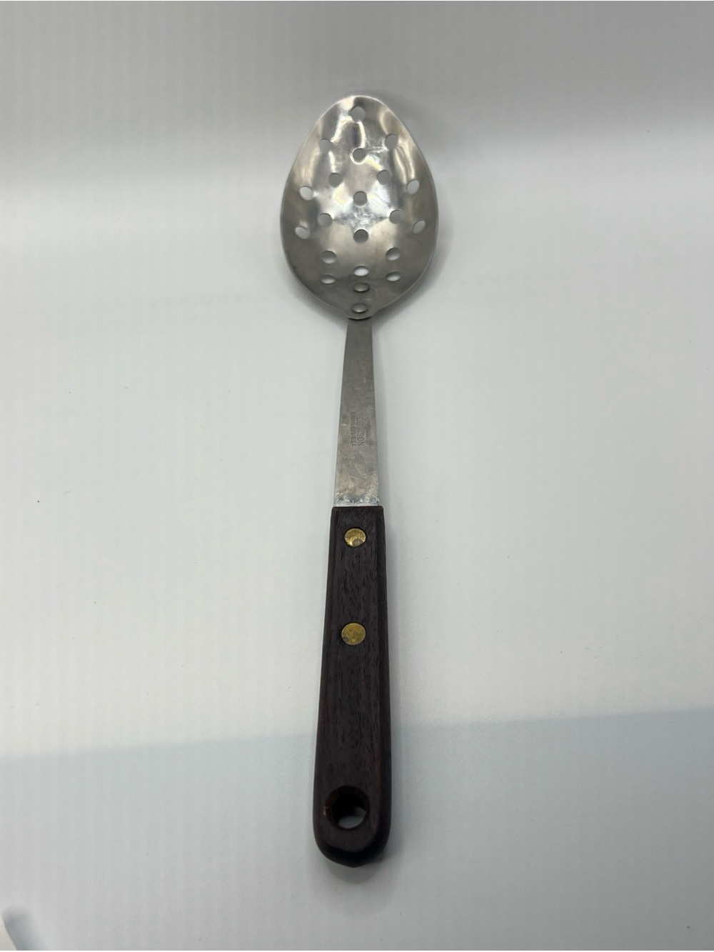 Vtg Robinson Knife Co Slotted Serving Spoon Stainless Steel Wood Handle USA